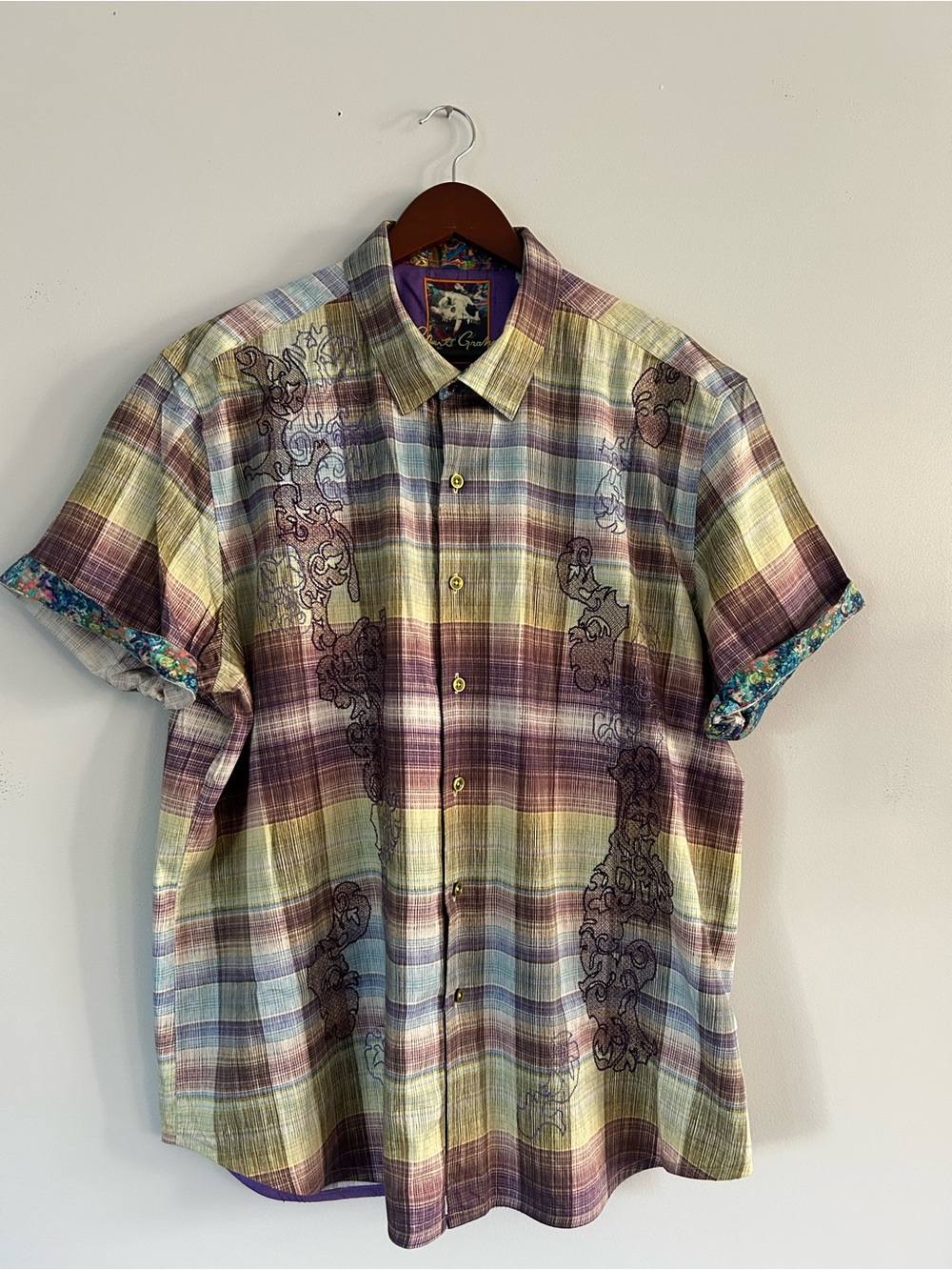 Robert Graham Shirt Lightweight Cotton Plaid Short Sleeve Button Embroidered 3XL